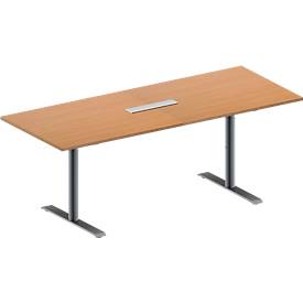 Schäfer Shop Genius Konferenztisch MODENA FLEX, 6-fach Anschluss, Rechteck, T-Fuß Rundrohr, B 2000 x T 800 x H 650-850 mm, Buche/weißalu