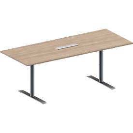 Schäfer Shop Genius Konferenztisch MODENA FLEX, 6-fach Anschluss, Rechteck, T-Fuß Rundrohr, B 2000 x T 800 x H 650-850 mm, Eiche-Dekor/weißalu