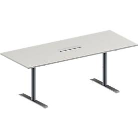 Schäfer Shop Genius Konferenztisch MODENA FLEX, 6-fach Anschluss, Rechteck, T-Fuß Rundrohr, B 2000 x T 800 x H 650-850 mm, lichtgrau/weißalu