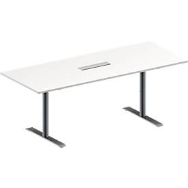 Schäfer Shop Genius Konferenztisch MODENA FLEX, 6-fach Anschluss, Rechteck, T-Fuß Rundrohr, B 2000 x T 800 x H 650-850 mm, weiß/weißalu