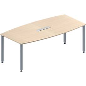 Schäfer Shop Genius Konferenztisch MODENA FLEX, 6-fach Tischanschlussfeld, Boot, 4-Fuß Quadratrohr, B 2000 x H 720-840 mm, Ahorn/weißaluminium