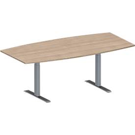 Schäfer Shop Genius Konferenztisch MODENA FLEX, Boot, T-Fuß Rechteckrohr, B 2000 x H 650-850 mm, Eiche-Dekor/weißaluminium RAL 9006