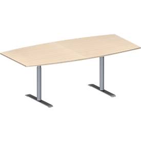 Schäfer Shop Genius Konferenztisch MODENA FLEX, Boot, T-Fuß Rundrohr, B 2000 x H 650-850 mm, Ahorn/weißaluminium RAL 9006