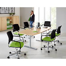 Schäfer Shop Genius Konferenztisch MODENA FLEX, Boot, T-Fuß Rundrohr, B 2000 x H 650-850 mm, Ahorn/weißaluminium RAL 9006