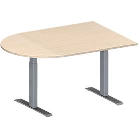 Schäfer Shop Genius Konferenztisch MODENA FLEX, Halbkreis, T-Fuß Rechteckrohr, B 1400 x T 1000 x H 650-850 mm, Ahorn/weißaluminium RAL 9006