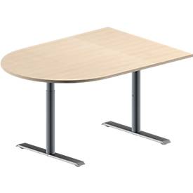Schäfer Shop Genius Konferenztisch MODENA FLEX, Halbkreis, T-Fuß Rundrohr, B 1400 x T 1000 x H 650-850 mm, Ahorn/weißaluminium RAL 9006