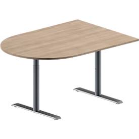 Schäfer Shop Genius Konferenztisch MODENA FLEX, Halbkreis, T-Fuß Rundrohr, B 1400 x T 1000 x H 650-850 mm, Eiche-Dekor/weißaluminium RAL 9006