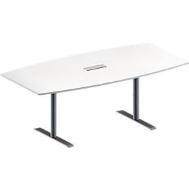 Schäfer Shop Genius Konferenztisch MODENA FLEX, mit Tischanschlussfeld, Boot, T-Fuß Rundrohr, B 2000 x H 650-850 mm, weiß/weißaluminium RAL 9006