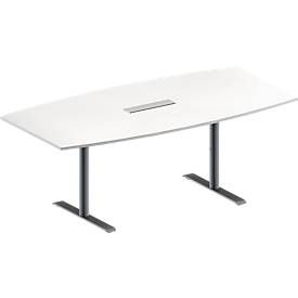 Schäfer Shop Genius Konferenztisch MODENA FLEX, mit Tischanschlussfeld, Boot, T-Fuß Rundrohr, B 2000 x H 650-850 mm, weiß/weißaluminium RAL 9006