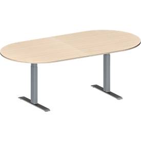 Schäfer Shop Genius Konferenztisch MODENA FLEX, Oval, T-Fuß Rechteckrohr, B 2000 x T 1000 x H 650-850 mm, Ahorn/weißaluminium RAL 9006