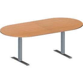 Schäfer Shop Genius Konferenztisch MODENA FLEX, Oval, T-Fuß Rechteckrohr, B 2000 x T 1000 x H 650-850 mm, Buche/weißaluminium RAL 9006 