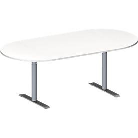 Schäfer Shop Genius Konferenztisch MODENA FLEX, Oval, T-Fuß Rundrohr, B 2000 x T 1000 x H 650-850 mm, weiß/weißaluminium RAL 9006