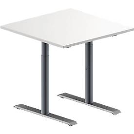 Schäfer Shop Genius Konferenztisch MODENA FLEX, Quadrat, T-Fuß Rundrohr, B 800 x T 800 x H 650-850 mm, weiß/weißaluminium RAL 9006 