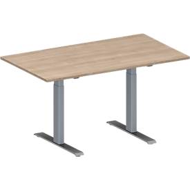 Schäfer Shop Genius Konferenztisch MODENA FLEX, Rechteck, T-Fuß Rechteckrohr, B 1400 x T 800 x H 650-850 mm, Eiche-Dekor/weißaluminium RAL 9006