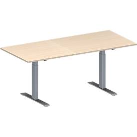 Schäfer Shop Genius Konferenztisch MODENA FLEX, Rechteck, T-Fuß Rechteckrohr, B 1800 x T 800 x H 650-850 mm, Ahorn/weißaluminium RAL 9006