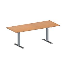 Schäfer Shop Genius Konferenztisch MODENA FLEX, Rechteck, T-Fuß Rechteckrohr, B 2000 x T 800 x H 650-850 mm, Buche/weißaluminium RAL 9006 