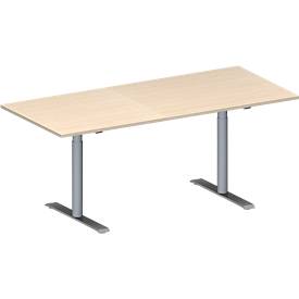 Schäfer Shop Genius Konferenztisch MODENA FLEX, Rechteck, T-Fuß Rundrohr, B 1800 x T 800 x H 650-850 mm, Ahorn/weißaluminium RAL 9006 