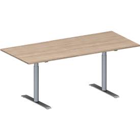 Schäfer Shop Genius Konferenztisch MODENA FLEX, Rechteck, T-Fuß Rundrohr, B 1800 x T 800 x H 650-850 mm, Eiche-Dekor/weißaluminium RAL 9006