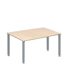 Schäfer Shop Genius Konferenztisch MODENA FLEX, Tonne, 4-Fuß Quadratrohr, B 1400 x T 1000/800 x H 720-840 mm, Ahorn/weißaluminium RAL 9006