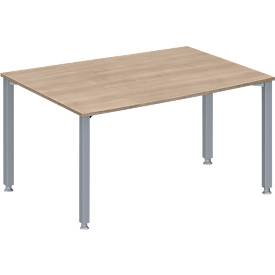 Schäfer Shop Genius Konferenztisch MODENA FLEX, Tonne, 4-Fuß Quadratrohr, B 1400 x T 1000/800 x H 720-840 mm, Eiche Dekor/weißaluminium RAL 9006