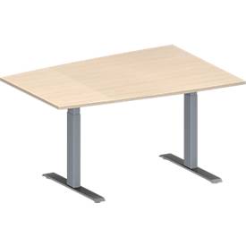 Schäfer Shop Genius Konferenztisch MODENA FLEX, Tonne, T-Fuß Rechteckrohr, B 1400 x T 1000 x H 650-850 mm, Ahorn/weißaluminium RAL 9006