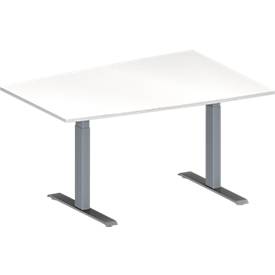 Schäfer Shop Genius Konferenztisch MODENA FLEX, Tonne, T-Fuß Rechteckrohr, B 1400 x T 1000 x H 650-850 mm, weiß/weißaluminium RAL 9006