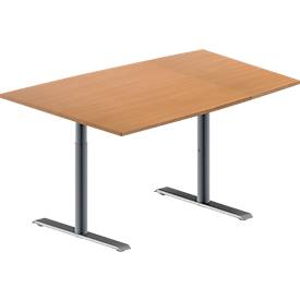 Schäfer Shop Genius Konferenztisch MODENA FLEX, Tonne, T-Fuß Rundrohr, B 1400 x T 1000 x H 650-850 mm, Buche/weißaluminium RAL 9006