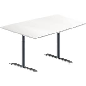 Schäfer Shop Genius Konferenztisch MODENA FLEX, Tonne, T-Fuß Rundrohr, B 1400 x T 1000 x H 650-850 mm, weiß/weißaluminium RAL 9006