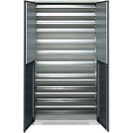 Schäfer Shop Genius Magazinschrank FS, 5 OH, abschließbar, 10 Fachböden, 2 Lochrasterplatten, bis 450 kg, B 1055 x T 520 x H 1950 mm, lichtgrau/anthrazitgrau