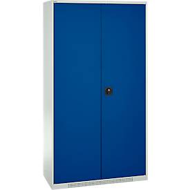 Schäfer Shop Genius Magazinschrank FS, 5 OH, abschließbar, 10 Fachböden, 2 Lochrasterplatten, bis 450 kg, B 1055 x T 520 x H 1950 mm, lichtgrau/enzianblau
