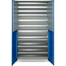 Schäfer Shop Genius Magazinschrank FS, 5 OH, abschließbar, 10 Fachböden, 2 Lochrasterplatten, bis 450 kg, B 1055 x T 520 x H 1950 mm, lichtgrau/enzianblau