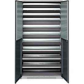 Schäfer Shop Genius Magazinschrank FS, 5 OH, abschließbar, 10 Fachböden, 2 Lochrasterplatten, bis 450 kg, B 1055 x T 520 x H 1950 mm, weißalu/anthrazitgrau