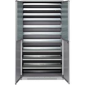 Schäfer Shop Genius Magazinschrank FS, 5 OH, abschließbar, 10 Fachböden, 2 Lochrasterplatten, bis 450 kg, B 1055 x T 520 x H 1950 mm, weißalu/weißalu