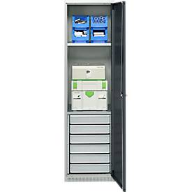 Schäfer Shop Genius Materialschrank FS, 5 OH, abschließbar, 2 Fachböden/6 Schübe, bis 250 kg, B 545 x T 520 x H 1950 mm, Stahl, lichtgrau/anthrazitgrau