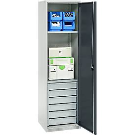 Schäfer Shop Genius Materialschrank FS, 5 OH, abschließbar, 2 Fachböden/6 Schübe, bis 250 kg, B 545 x T 520 x H 1950 mm, Stahl, lichtgrau/anthrazitgrau