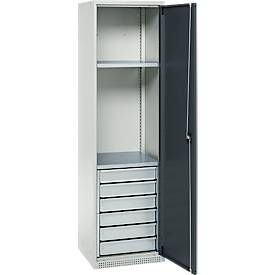 Schäfer Shop Genius Materialschrank FS, 5 OH, abschließbar, 2 Fachböden/6 Schübe, bis 250 kg, B 545 x T 520 x H 1950 mm, Stahl, lichtgrau/anthrazitgrau