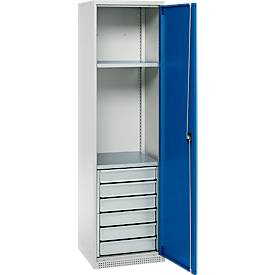 Schäfer Shop Genius Materialschrank FS, 5 OH, abschließbar, 2 Fachböden/6 Schübe, bis 250 kg, B 545 x T 520 x H 1950 mm, Stahl, lichtgrau/enzianblau