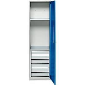 Schäfer Shop Genius Materialschrank FS, 5 OH, abschließbar, 2 Fachböden/6 Schübe, bis 250 kg, B 545 x T 520 x H 1950 mm, Stahl, lichtgrau/enzianblau