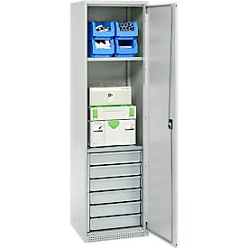 Schäfer Shop Genius Materialschrank FS, 5 OH, abschließbar, 2 Fachböden/6 Schübe, bis 250 kg, B 545 x T 520 x H 1950 mm, Stahl, lichtgrau/lichtgrau
