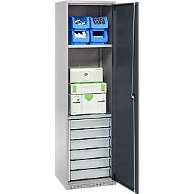 Schäfer Shop Genius Materialschrank FS, 5 OH, abschließbar, 2 Fachböden/6 Schübe, bis 250 kg, B 545 x T 520 x H 1950 mm, Stahl, weißalu/anthrazitgrau