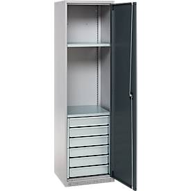 Schäfer Shop Genius Materialschrank FS, 5 OH, abschließbar, 2 Fachböden/6 Schübe, bis 250 kg, B 545 x T 520 x H 1950 mm, Stahl, weißalu/anthrazitgrau