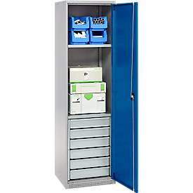 Schäfer Shop Genius Materialschrank FS, 5 OH, abschließbar, 2 Fachböden/6 Schübe, bis 250 kg, B 545 x T 520 x H 1950 mm, Stahl, weißalu/enzianblau