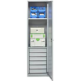 Schäfer Shop Genius Materialschrank FS, 5 OH, abschließbar, 2 Fachböden/6 Schübe, bis 250 kg, B 545 x T 520 x H 1950 mm, Stahl, weißalu/weißalu