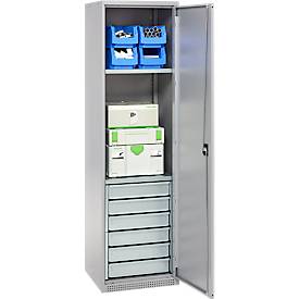 Schäfer Shop Genius Materialschrank FS, 5 OH, abschließbar, 2 Fachböden/6 Schübe, bis 250 kg, B 545 x T 520 x H 1950 mm, Stahl, weißalu/weißalu