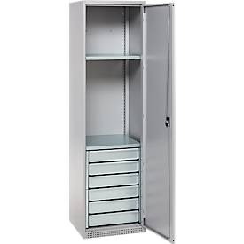 Schäfer Shop Genius Materialschrank FS, 5 OH, abschließbar, 2 Fachböden/6 Schübe, bis 250 kg, B 545 x T 520 x H 1950 mm, Stahl, weißalu/weißalu