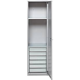 Schäfer Shop Genius Materialschrank FS, 5 OH, abschließbar, 2 Fachböden/6 Schübe, bis 250 kg, B 545 x T 520 x H 1950 mm, Stahl, weißalu/weißalu
