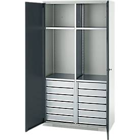 Schäfer Shop Genius Materialschrank FS, 5 OH, abschließbar, 4 Fachböden/12 Schübe, bis 450 kg, B 1055 x T 520 x H 1950 mm, Stahl, lichtgrau/anthrazitgrau