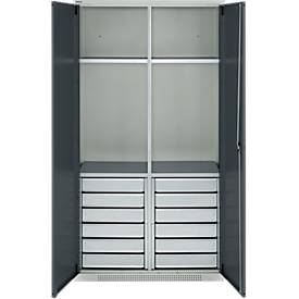 Schäfer Shop Genius Materialschrank FS, 5 OH, abschließbar, 4 Fachböden/12 Schübe, bis 450 kg, B 1055 x T 520 x H 1950 mm, Stahl, lichtgrau/anthrazitgrau