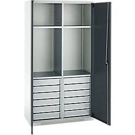 Schäfer Shop Genius Materialschrank FS, 5 OH, abschließbar, 4 Fachböden/12 Schübe, bis 450 kg, B 1055 x T 520 x H 1950 mm, Stahl, lichtgrau/anthrazitgrau