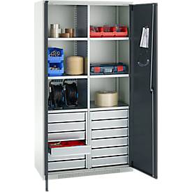 Schäfer Shop Genius Materialschrank FS, 5 OH, abschließbar, 4 Fachböden/12 Schübe, bis 450 kg, B 1055 x T 520 x H 1950 mm, Stahl, lichtgrau/anthrazitgrau